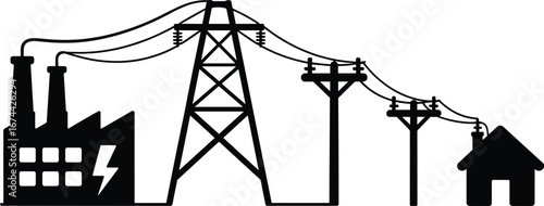 Silhouette of industrial power plant, electric transmission tower, utility poles, overhead power lines, electricity supply from factory to residential home