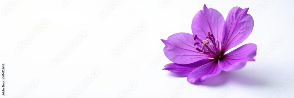 Obraz premium A vibrant purple flower with translucent petals floats against a stark white background , bloom, botany