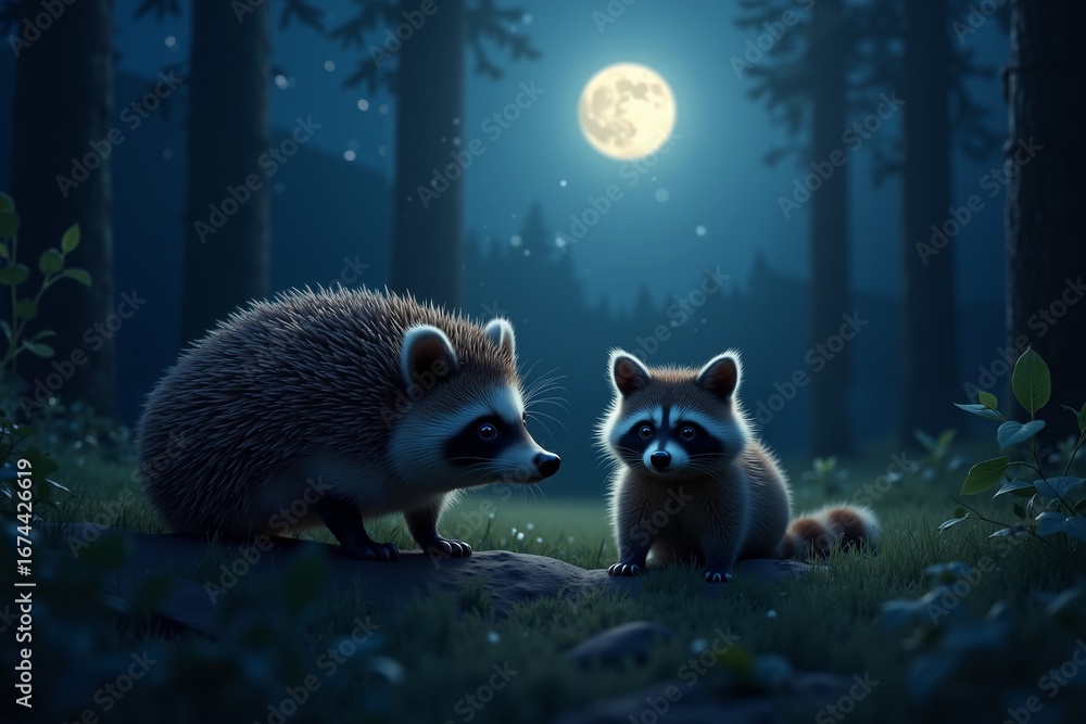 Fototapeta premium Raccoon and hedgehog interacting under moonlight in forest 