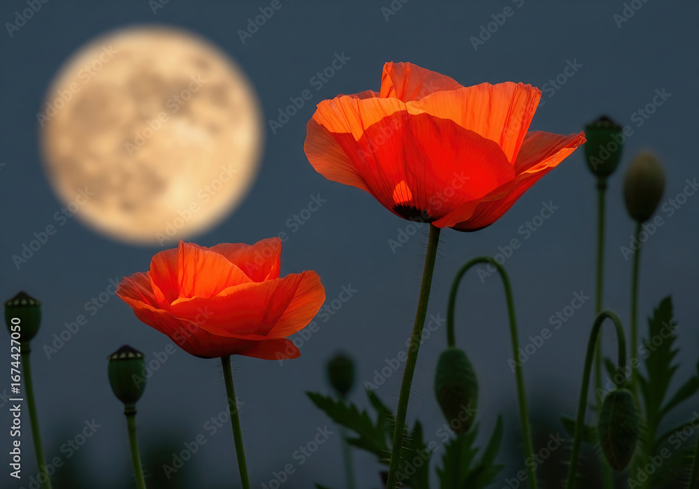Obraz premium Glowing poppies under full moonlight with dark background—evocative floral scene blending natural beauty, contrast, and nighttime serenity.