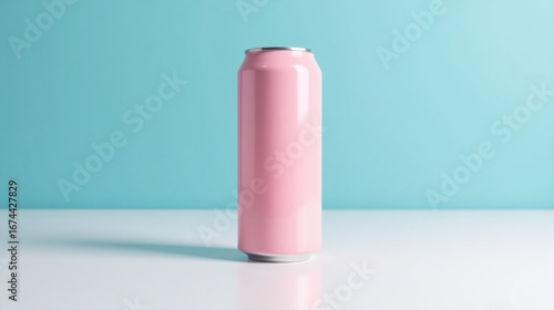 Pink aluminum can mockup on a vibrant blue background for product display.