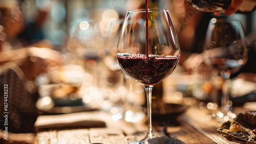 Wine tasting tourism and wine culture traditions. Sommelier pouring red wine into glass during wine tasting in a small vineyard restaurant