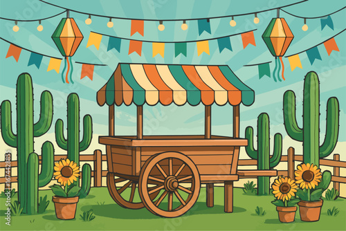 Colorful Festa Junina Market Cart with Cacti and Sunflowers