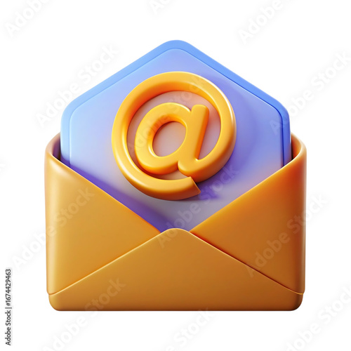 3d rendered email icon with golden at symbol emerging from an open envelope