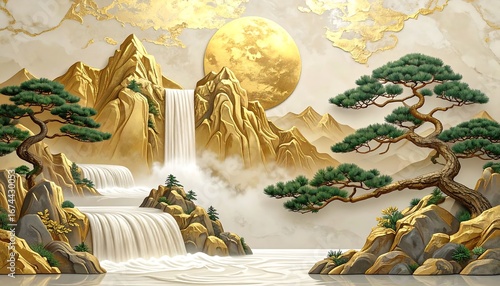 Scenic landscape with golden mountains, waterfalls, pine trees, and large golden moon