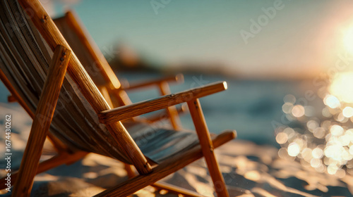 Wooden deck chairs on sandy beach facing ocean waves at sunset