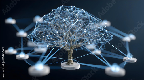 A family tree, but with nodes representing financial assets and inheritance, all connected by glowing lines, wealth management concept 