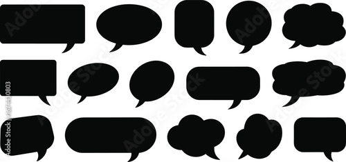 Speech bubble silhouettes, black chat icons, communication symbols, conversation shapes, talk bubbles, message clouds, dialogue boxes, isolated vector icons