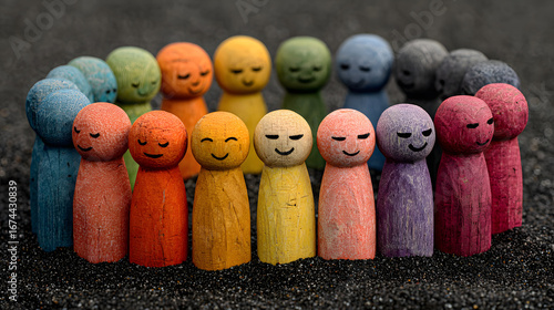 Vibrant circle of smiling wooden figures representing community and unity