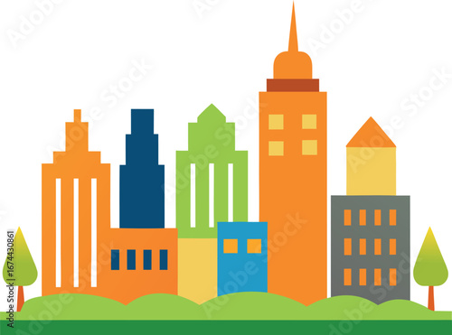 Colorful Cityscape Illustration with Trees and Diverse Buildings