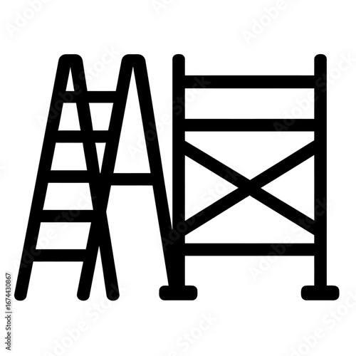 An essential black outline icon depicting a sturdy stepladder alongside a robust scaffolding structure, symbolizing construction, safety, and elevated work access.