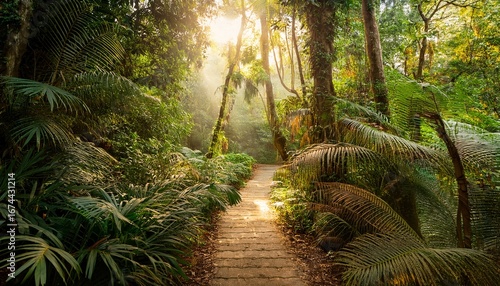 serene jungle pathway bathed in soft golden light lush greenery framing a tranquil escape in a vibrant nature setting