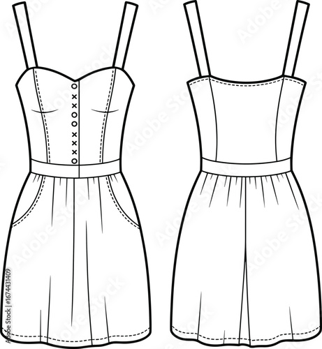 Strappy mini dress flat sketch, button front sundress design, sweetheart neckline, fashion cad vector template, garment technical illustration