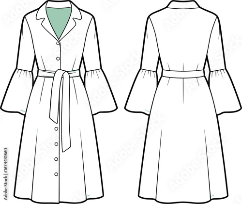 Stylish flared sleeve belted dress, button-down front design, modern fashion cad sketch, coat style garment, cad drawing flat vector illustration