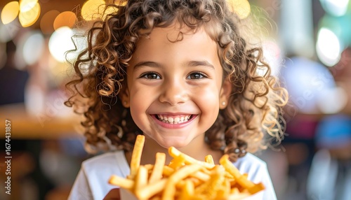 Joyful child with curly hair smiles, holding a container of golden, crispy fries in a restaurant