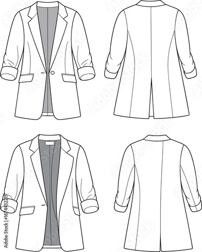 Stylish women’s blazer jacket with rolled sleeves, tailored fit, front buttons, flap pockets, versatile fashion outerwear, vector art, cad drawing flat vector illustration