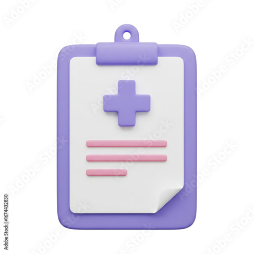 3d rendered medical clipboard with a purple cross and document on black background