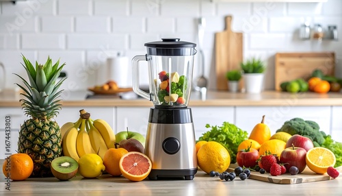 Fresh fruit and vegetables ready for blending in a modern kitchen