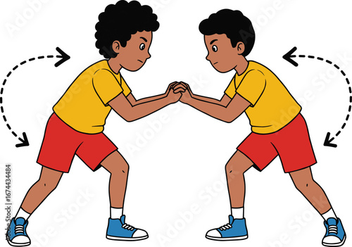 Two boys playing, kids physical activity, childhood sports illustration, fun competition, educational exercise, teamwork learning, healthy game, cartoon style