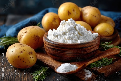 Fresh potatoes and a bowl of potato starch