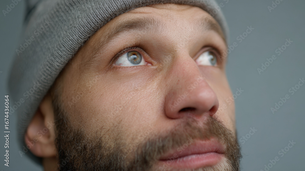 Obraz premium closeup portrait of american homeless person with exaggerated expression solely focusing on face