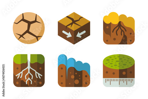 Soil contraction and shrinkage icons cracked ground arrows measurement cross sections root depth infographic vector for education and agriculture