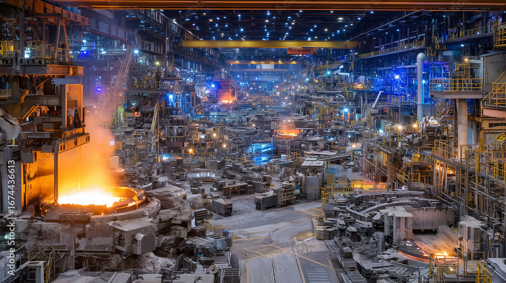 Wide-angle view of factory floor, diverse crew maintaining hot metal equipment, safety gear illuminated by orange and yellow furnace light Wide-angle view of factory floor, diverse crew maintaining hot metal equipment, safety gear illuminated by orange and yellow furnace light
