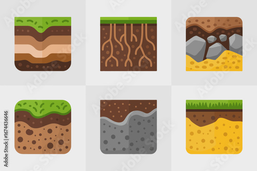 Soil cross section icons, ground horizons with roots stones clay sand and grass, geology profile vector, agriculture education infographic set