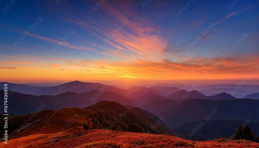 Naklejka premium a stunning gradient landscape features layered mountains under a vibrant sunset warm hues blend beautifully creating a serene and captivating atmosphere