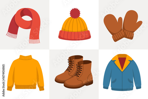 Autumn clothing collection, scarf beanie mittens sweater boots jacket, cozy fall outfit icons, fashion vector set