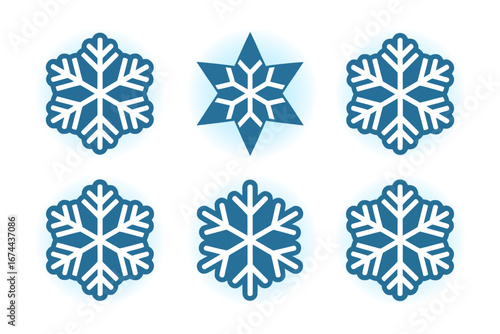 Geometric snowflake and star icons, six detailed crystalline shapes, blue palette, winter vector set for backgrounds prints invitations and stickers