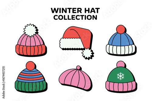 Winter hat collection poster, beanies earflap trapper cap sailor beanie snowflake knit, fashion accessory icons for banners packaging and prints