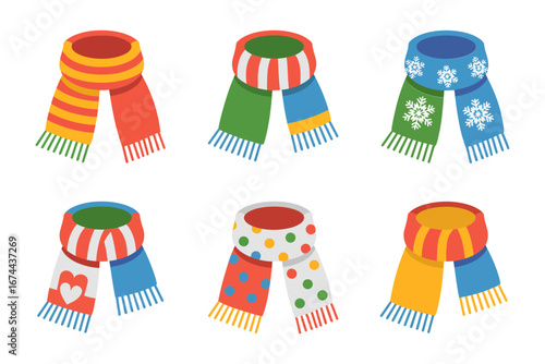 Festive scarf set, warm knitted scarves with hearts stripes snowflakes, winter accessory pack, holiday outfit clipart, vector illustration isolated