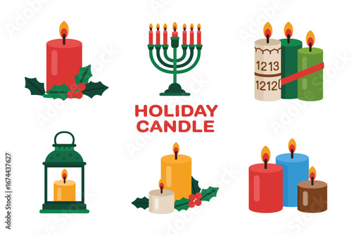 Holiday candle composition, menorah candle assortment with greenery, seasonal greeting design, winter festival vector banner