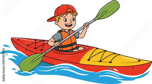 Happy kid kayaking cartoon, child in kayak with paddle, water adventure illustration, boy paddling boat vector, summer outdoor activity art