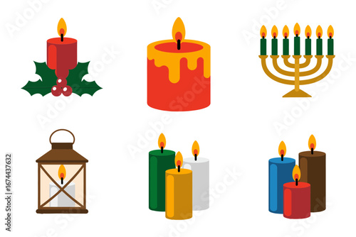 Holiday candles lanterns vector, menorah pillar candles holly sprigs, festive winter decor icons, Christmas Hanukkah season illustration