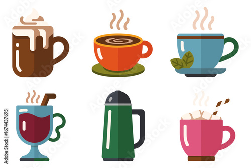 Warm drink assortment vector, hot chocolate latte tea cappuccino, insulated bottle, cozy winter cafe icons, menu clipart