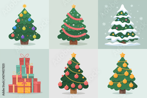 Decorated Christmas trees with presents and ornaments, modern evergreen icons for greeting cards, social posts, winter holiday vector bundle