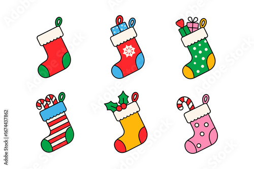 Colorful Christmas stockings collection, patterned socks with cuffs and loops, whimsical holiday decor icons, vector elements for invitations