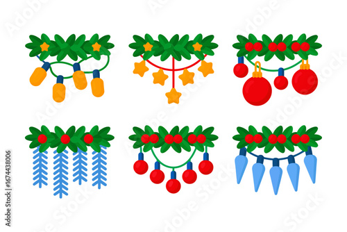 Festive pine swag set, wreath and garland shapes, baubles and stars accents, icicle trims, winter decoration pack, vector illustration