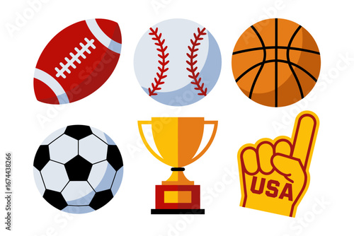 Sports icons set with American football basketball baseball soccer ball golden trophy and foam finger team spirit vector