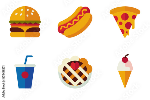 American fast food icons burger hot dog pizza soda drink apple pie ice cream classic diner vector set