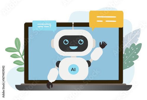 AI chat bot assistant on the website in computer, artificial intelligence reply to question. Online consultant support in laptop. smiling robot with message bubbles