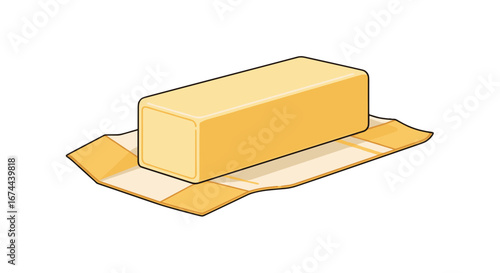 Illustration of a rectangular block of butter resting on its partially unwrapped paper wrapper artfully