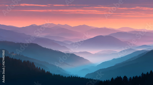 Pastel Morning: Misty Mountain Landscape at Sunrise
