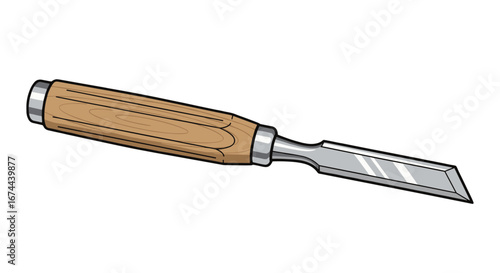 Illustration showing a wood chisel with a wooden handle and a metal blade lying on a white background