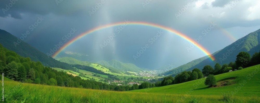 Obraz premium Double rainbow arcing over lush green valley and distant mountains, majestic, tranquil, outdoor