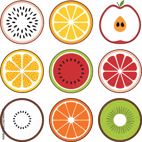 Nine Round Slices of Various Fruits on White Background kiwi orange