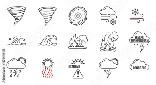 Illustration showcasing various weather conditions including tornado, hurricane, fire, and dense fog icons
