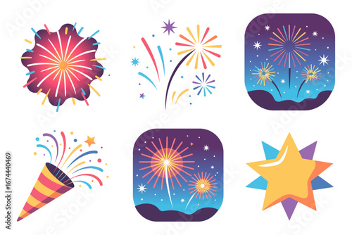Fireworks show icons, party popper, sparkler trails, rounded tiles, celebration vector, festival clipart, event marketing graphics, invitation template, digital assets